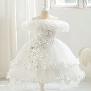 Handmade Elegant White Flower Girl princess Dress with Silver Accents